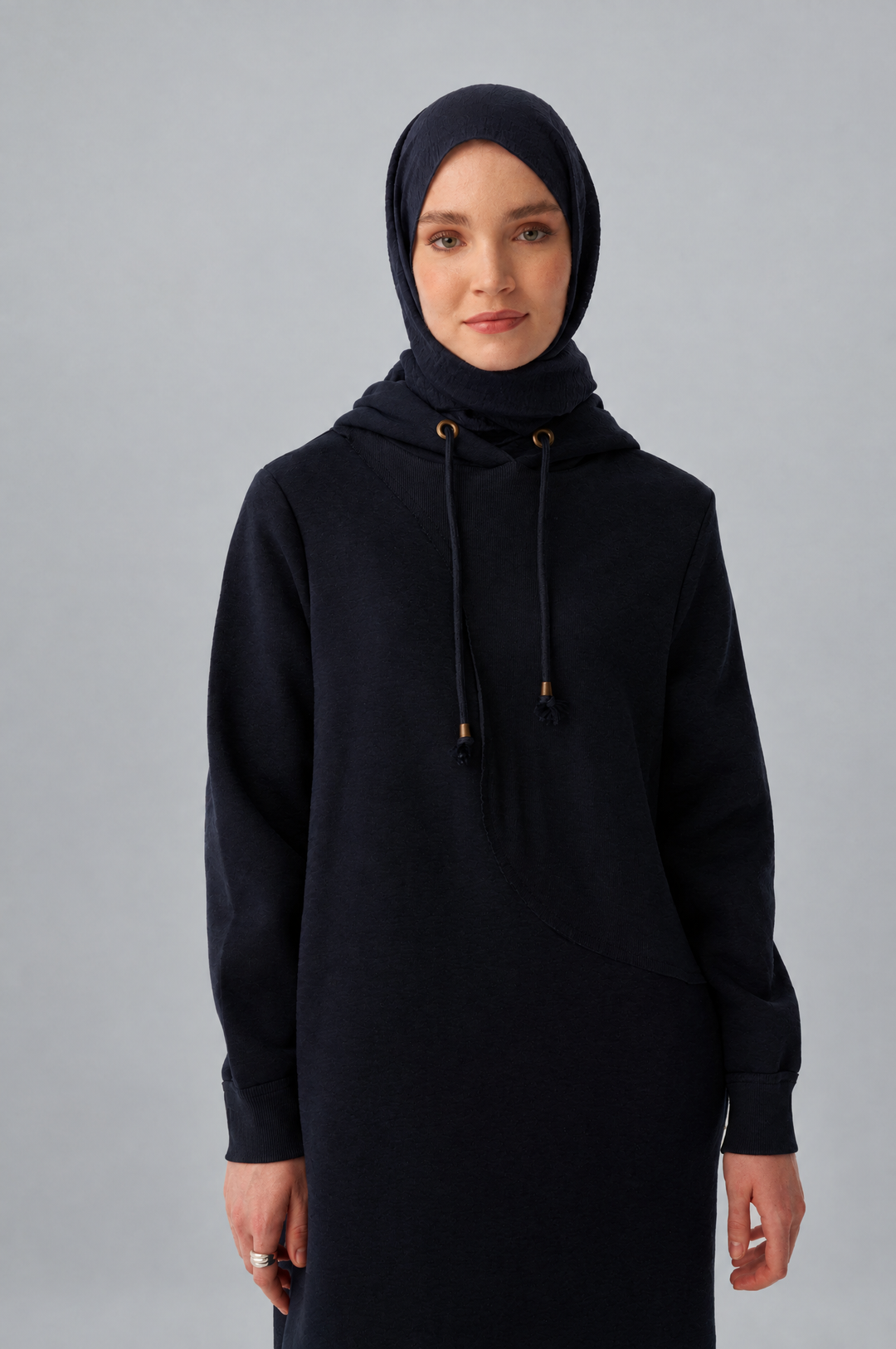 Sara Fleece Modest Hooded Chic Maxi Dress in Dark Blue