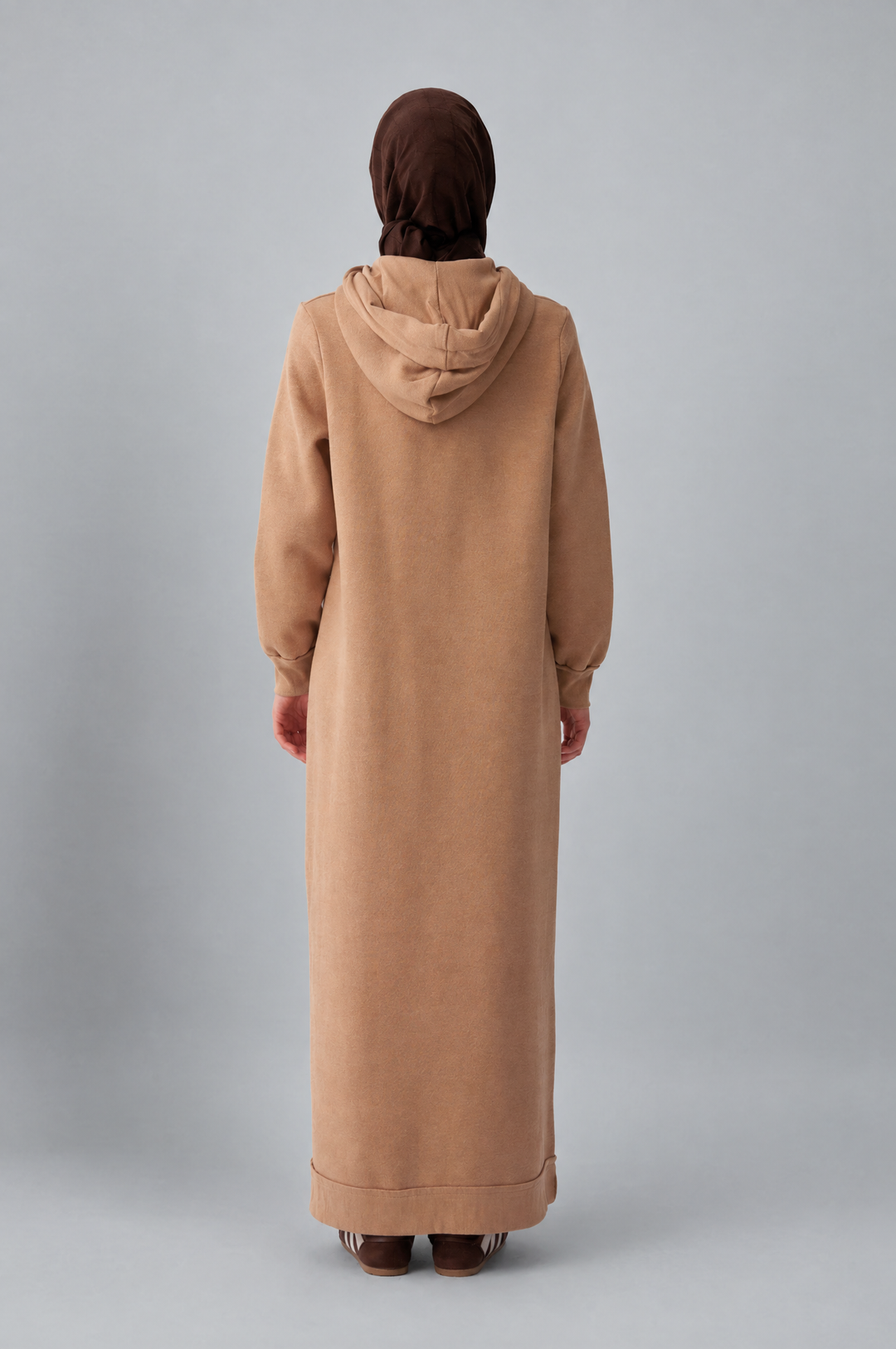 Sara Fleece Modest Hooded Chic Maxi Dress in Beige