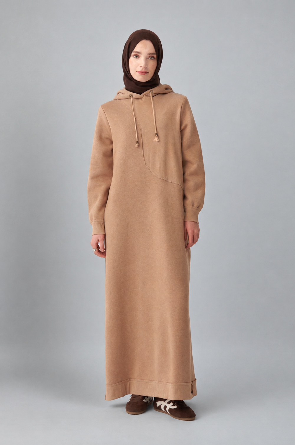 Sara Fleece Modest Hooded Chic Maxi Dress in Beige