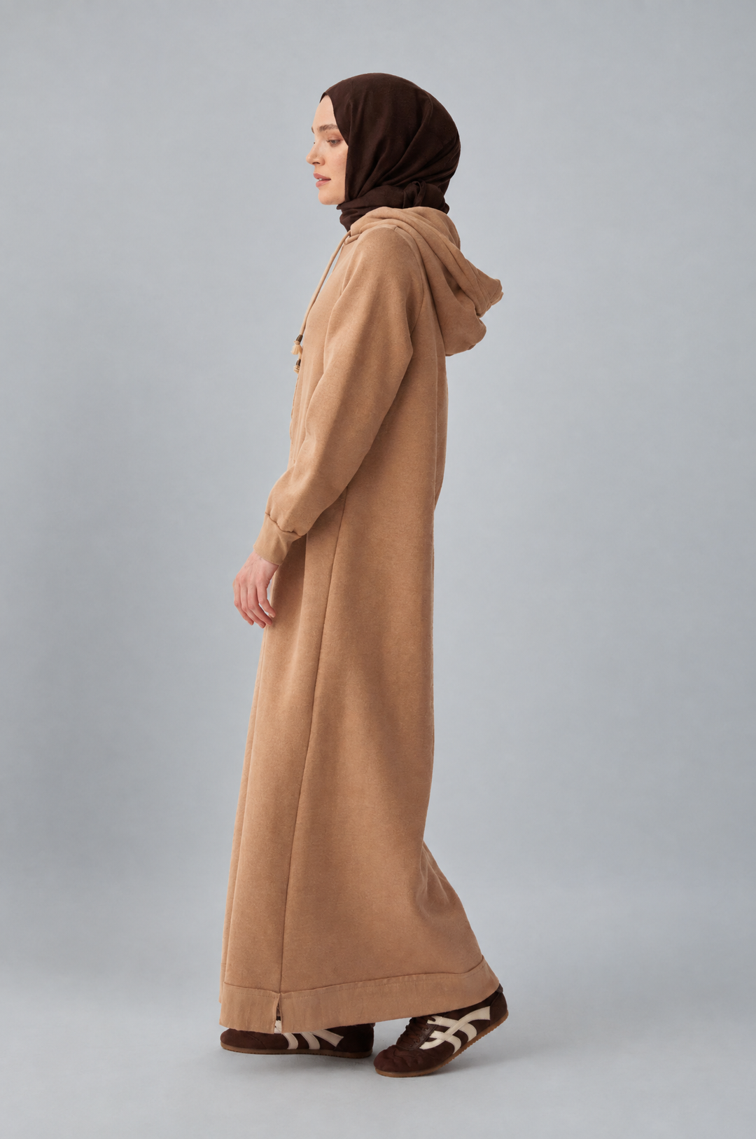 Sara Fleece Modest Hooded Chic Maxi Dress in Beige
