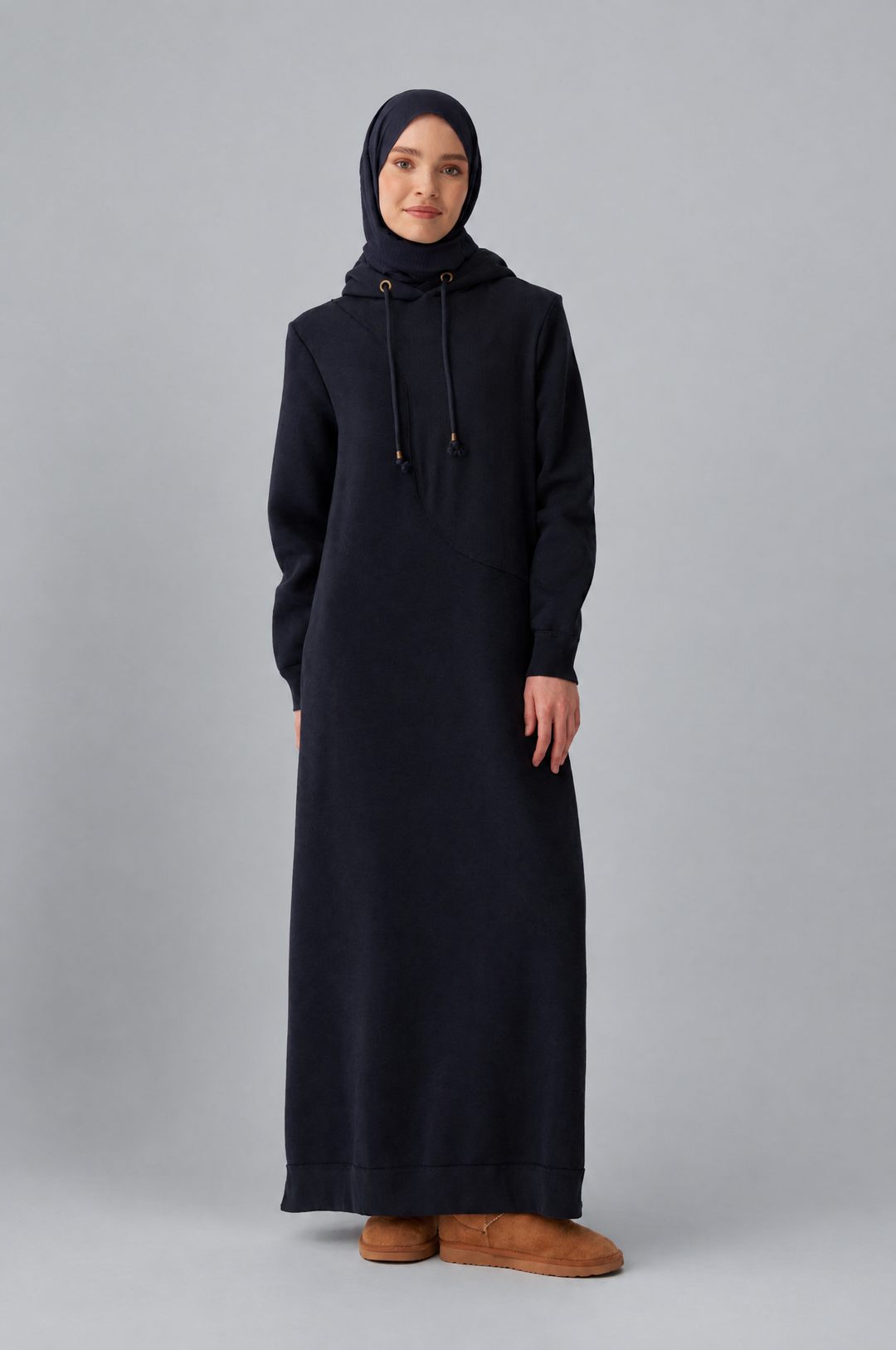Sara Fleece Modest Hooded Chic Maxi Dress in Dark Blue