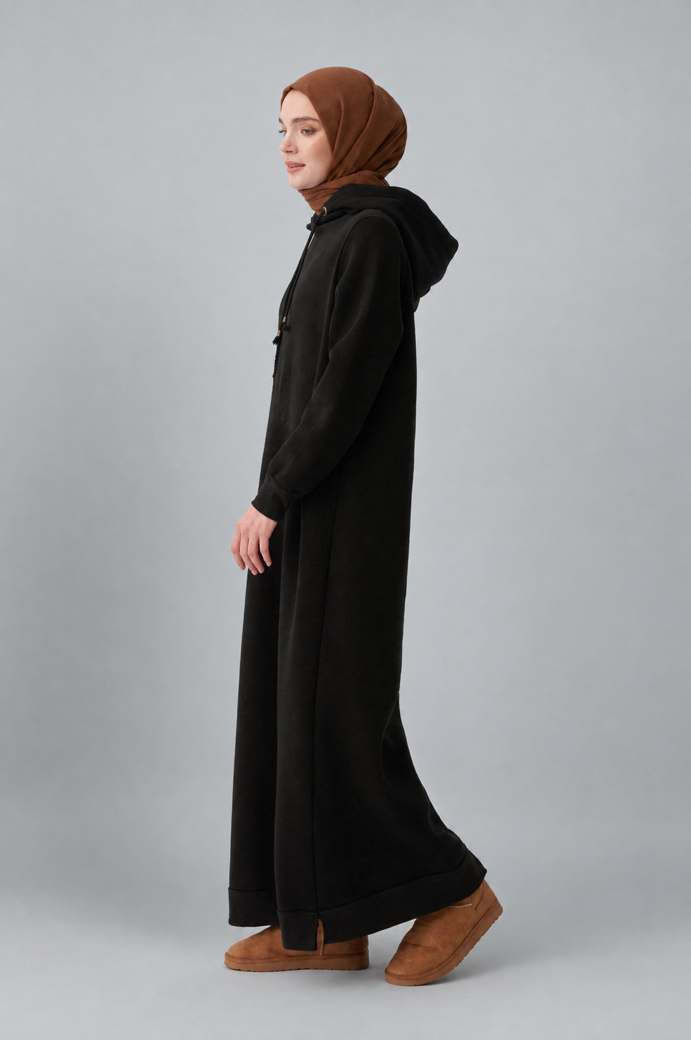Sara Fleece Modest Hooded Chic Maxi Dress in Black
