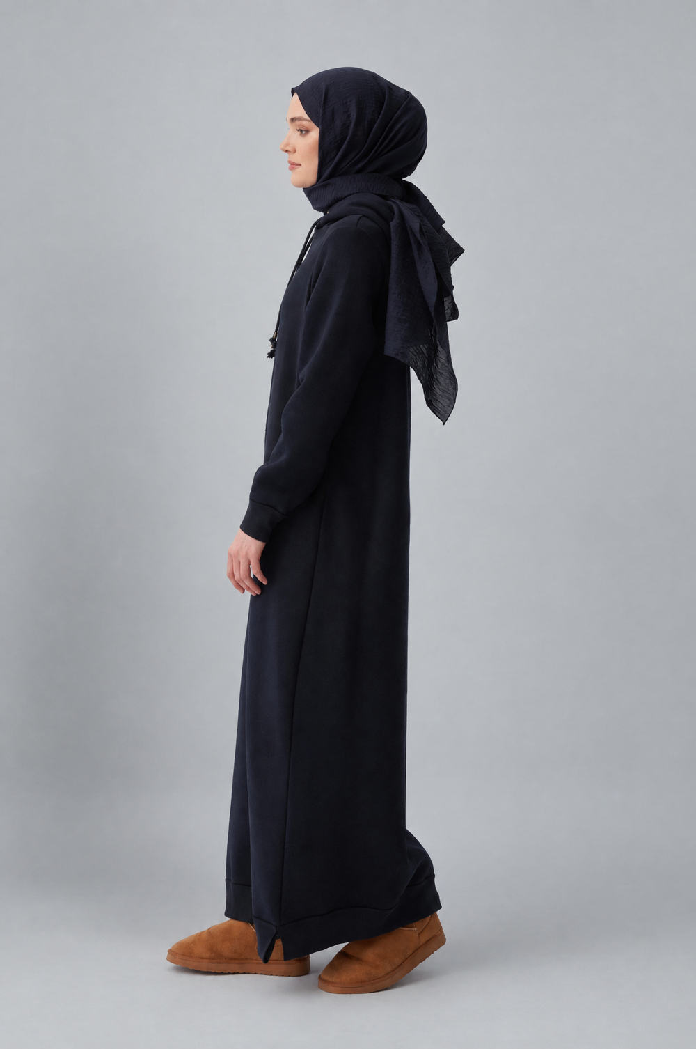 Sara Fleece Modest Hooded Chic Maxi Dress in Dark Blue