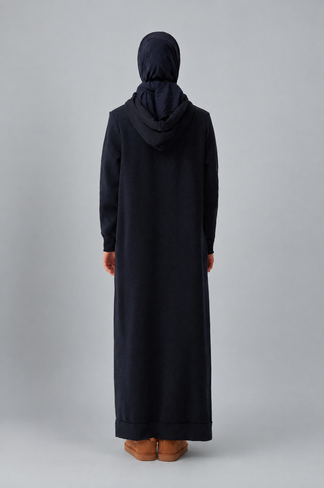 Sara Fleece Modest Hooded Chic Maxi Dress in Dark Blue