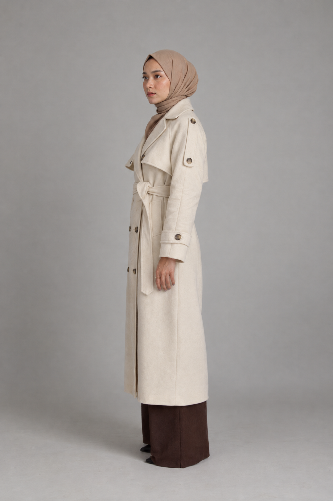 Midnight Grace Long Modest Trench Coat in Ivory