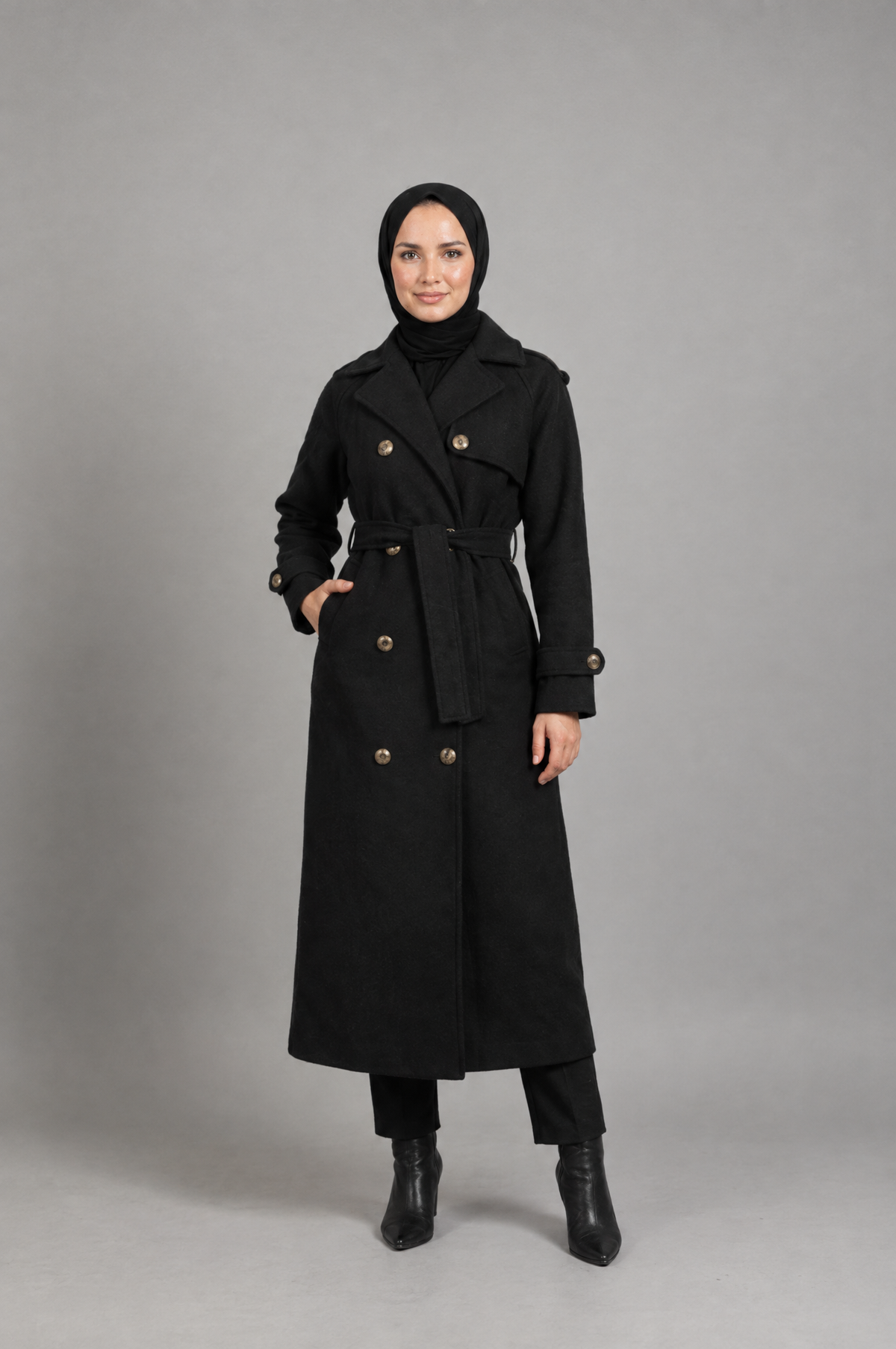 Midnight Grace Long Modest Trench Coat in Black