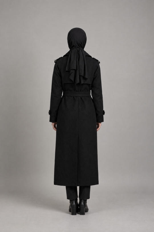 Midnight Grace Long Modest Trench Coat in Black