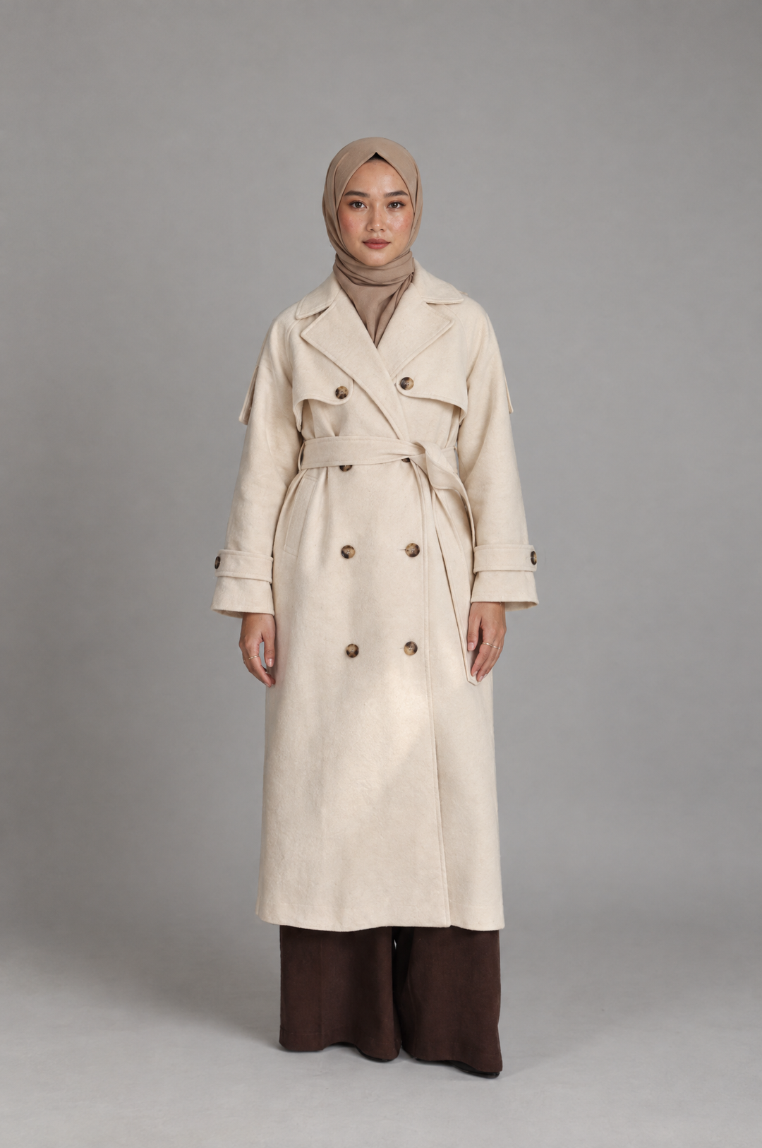 Midnight Grace Long Modest Trench Coat in Ivory