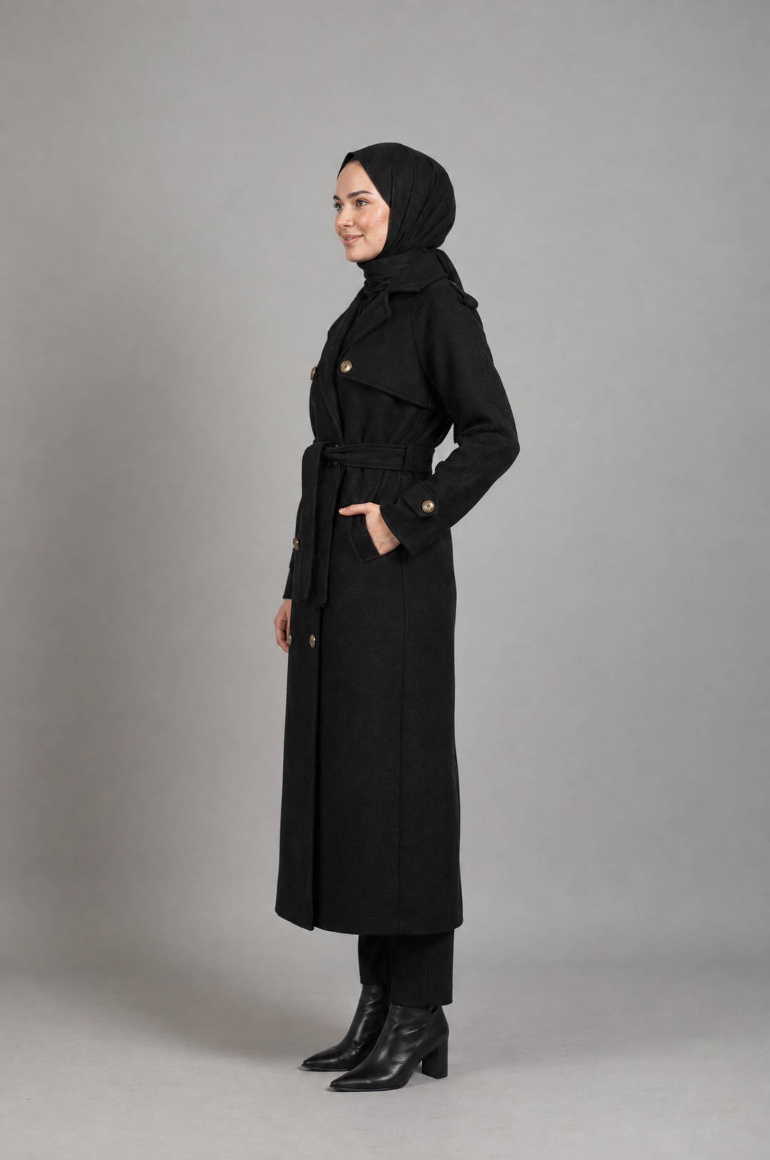 Midnight Grace Long Modest Trench Coat in Black