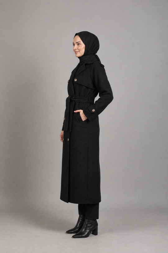 Midnight Grace Long Modest Trench Coat in Black