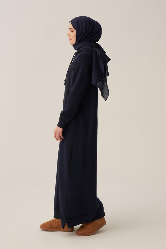 Sara Fleece Modest Hooded Chic Maxi Dress | Dark Blue