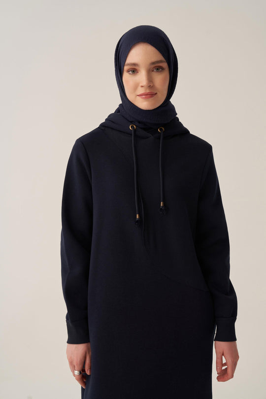 Sara Fleece Modest Hooded Chic Maxi Dress | Dark Blue