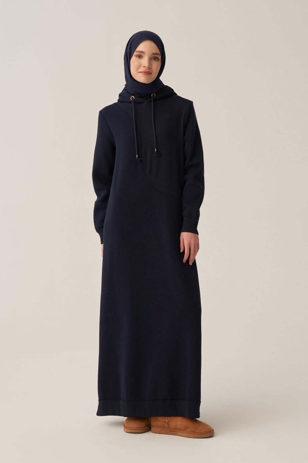 Sara Fleece Modest Hooded Chic Maxi Dress | Dark Blue