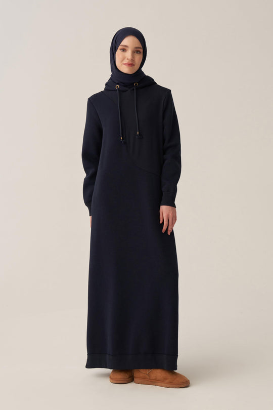 Sara Fleece Modest Hooded Chic Maxi Dress | Dark Blue