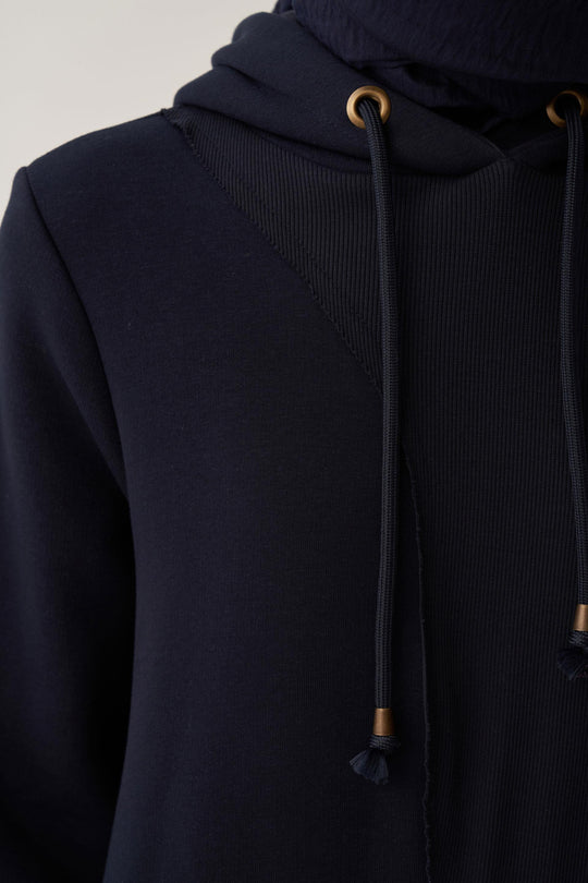 Sara Fleece Modest Hooded Chic Maxi Dress | Dark Blue