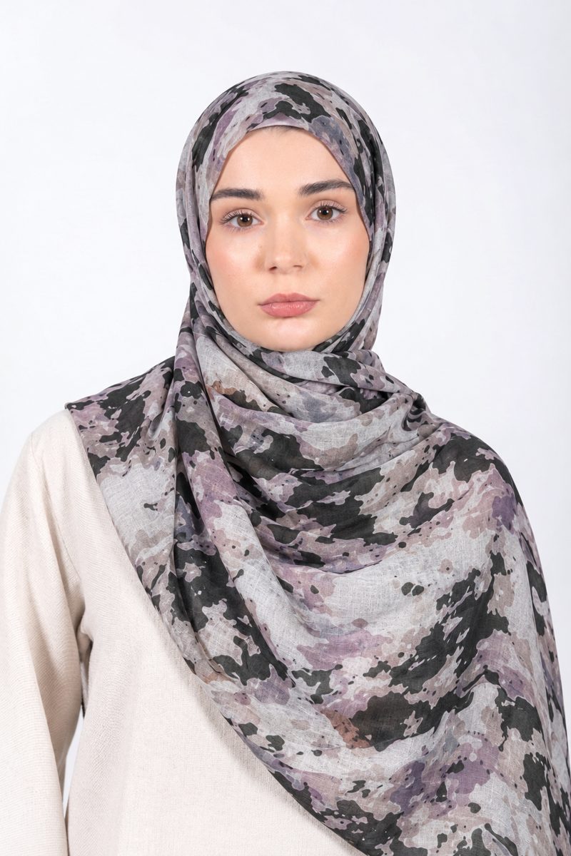 Printed Modal Hijab | Charcoal Lilac - front view