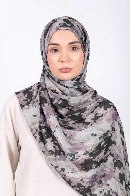 Printed Modal Hijab | Charcoal Lilac - front view