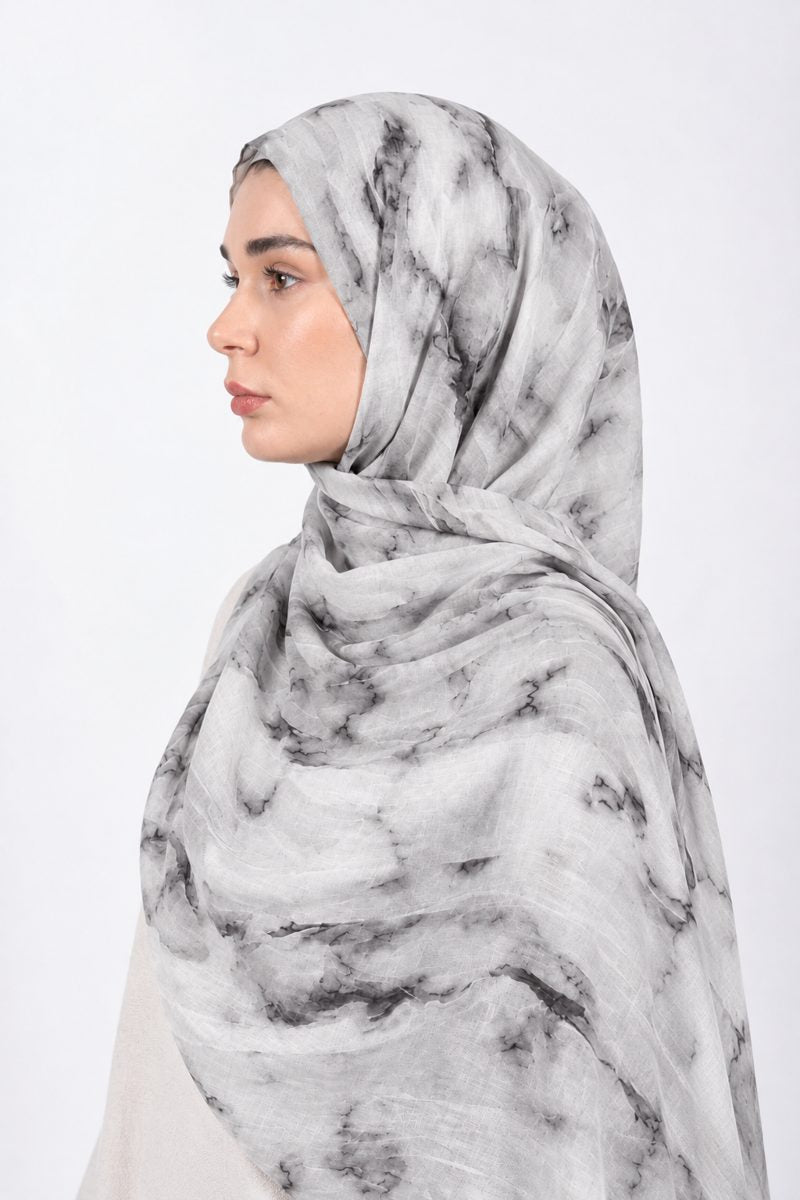Printed Modal Hijab | Grey Marble - side view