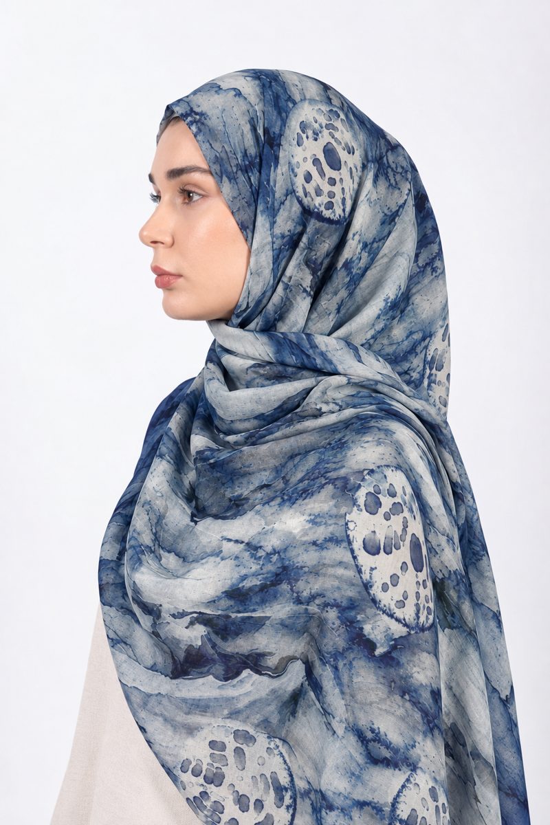 Printed Modal Hijab | Indigo Medallion - side view