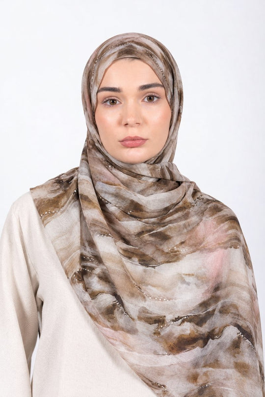 Printed Modal Hijab | Taupe Watercolor - front view