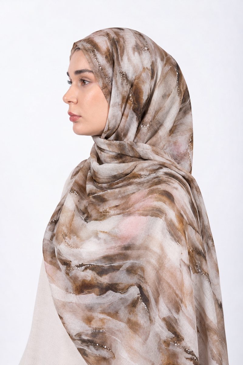 Printed Modal Hijab | Taupe Watercolor - side view