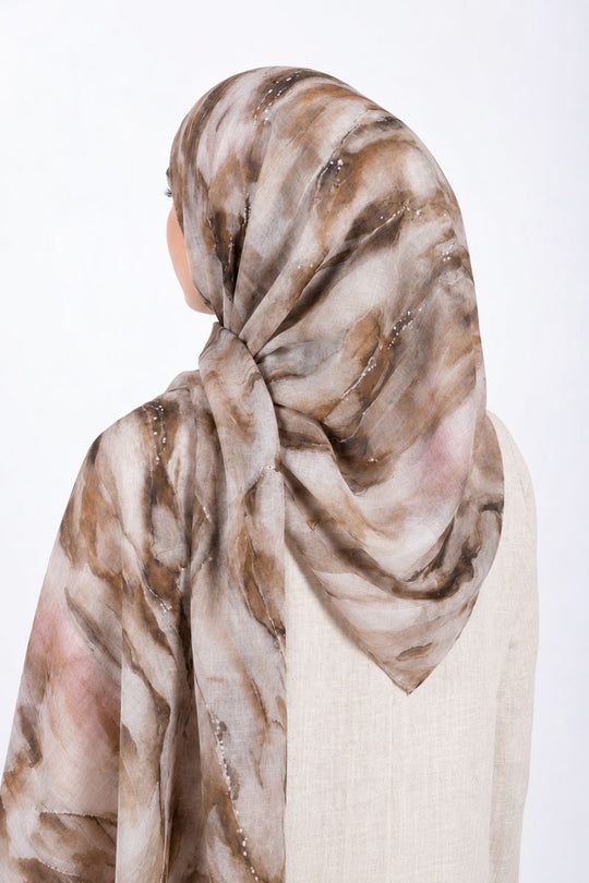 Printed Modal Hijab | Taupe Watercolor - back view