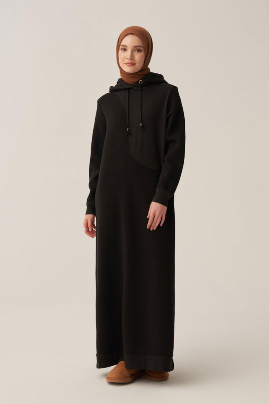 Sara Fleece Modest Hooded Chic Maxi Dress | Black