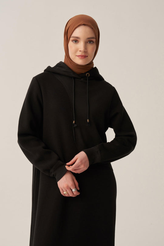 Sara Fleece Modest Hooded Chic Maxi Dress | Black