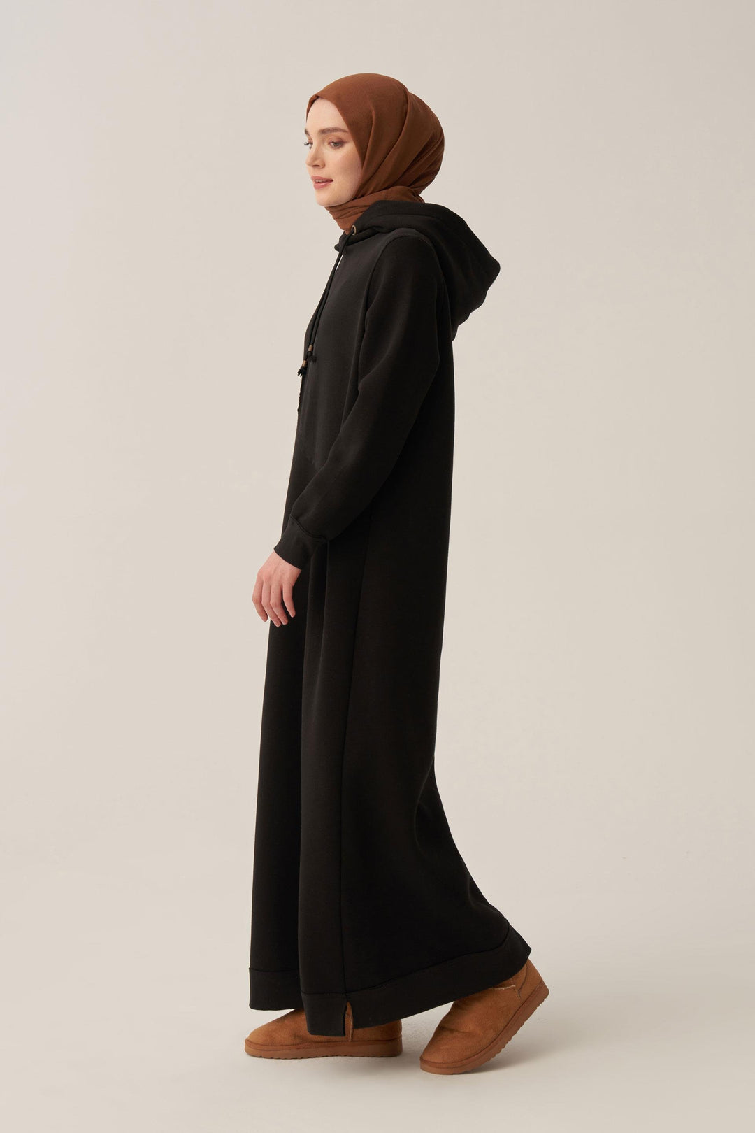 Sara Fleece Modest Hooded Chic Maxi Dress | Black