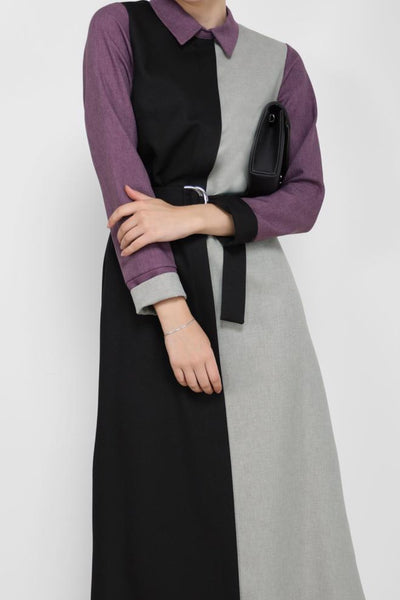 Masika Two Tone Modest Dress | Purple Sleeve