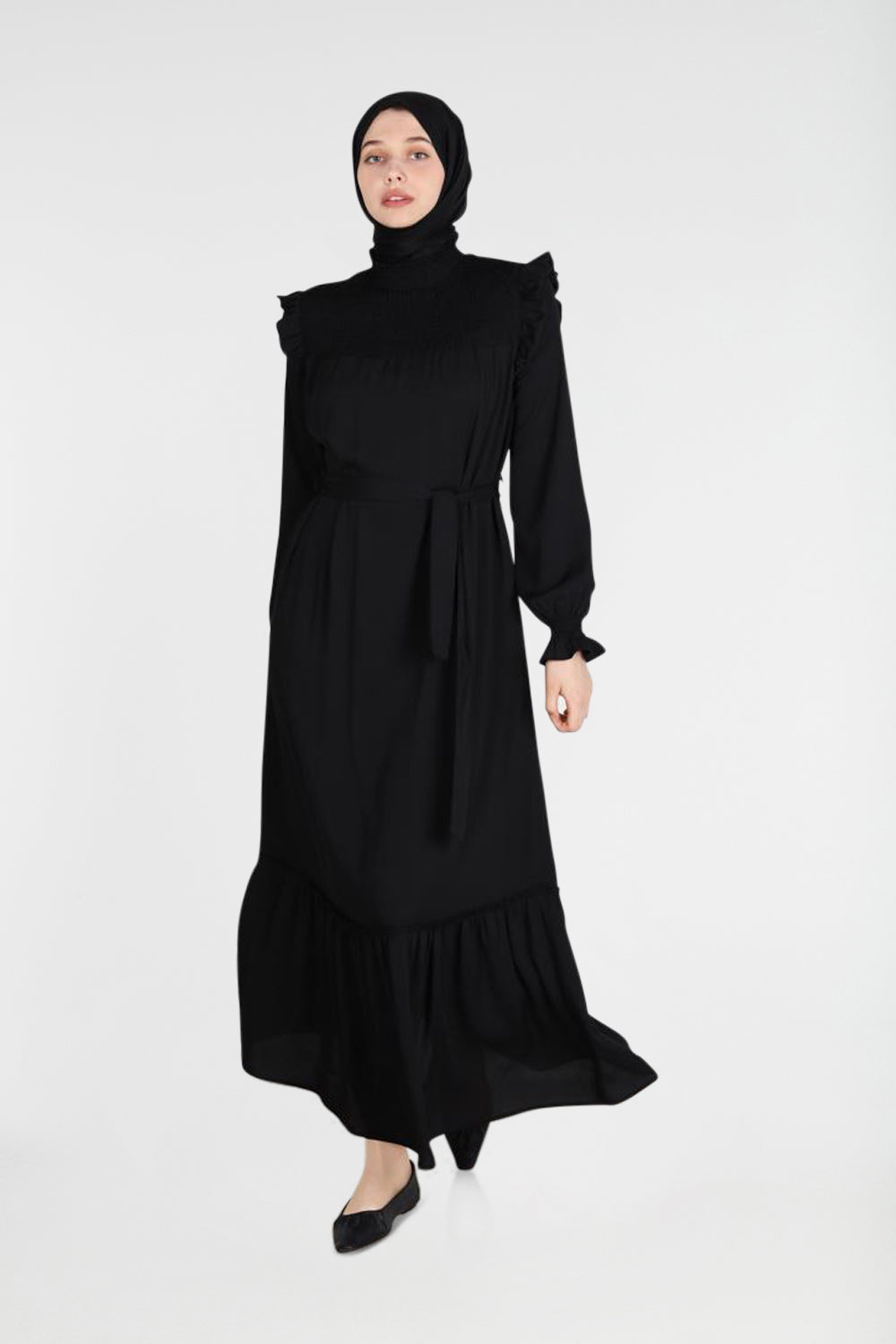 Ruffled Belted Modest Dress | Dana Fashion