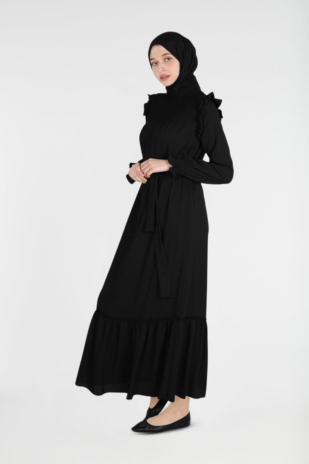 Ruffled Belted Modest Dress | Dana Fashion
