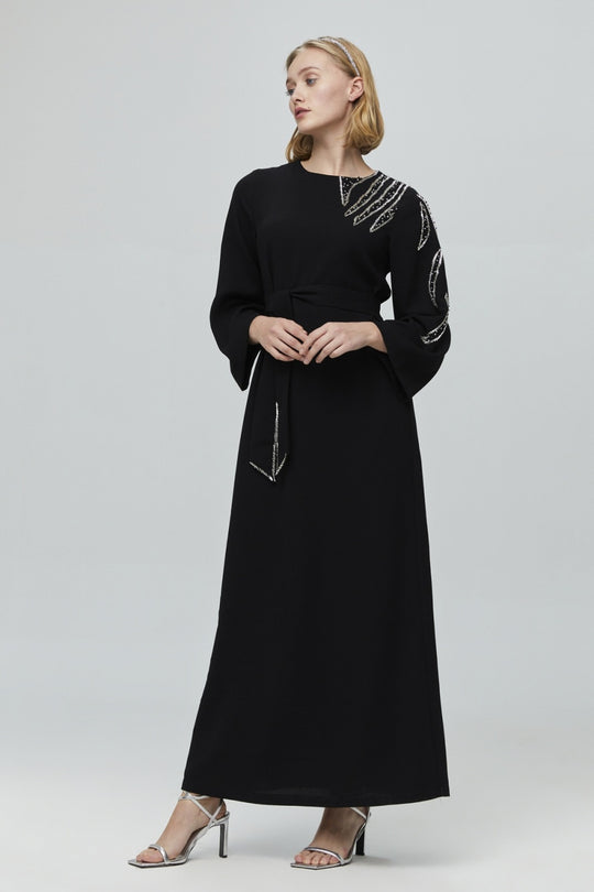 Contemporary Geometric Embroidered Modest Dress | Black