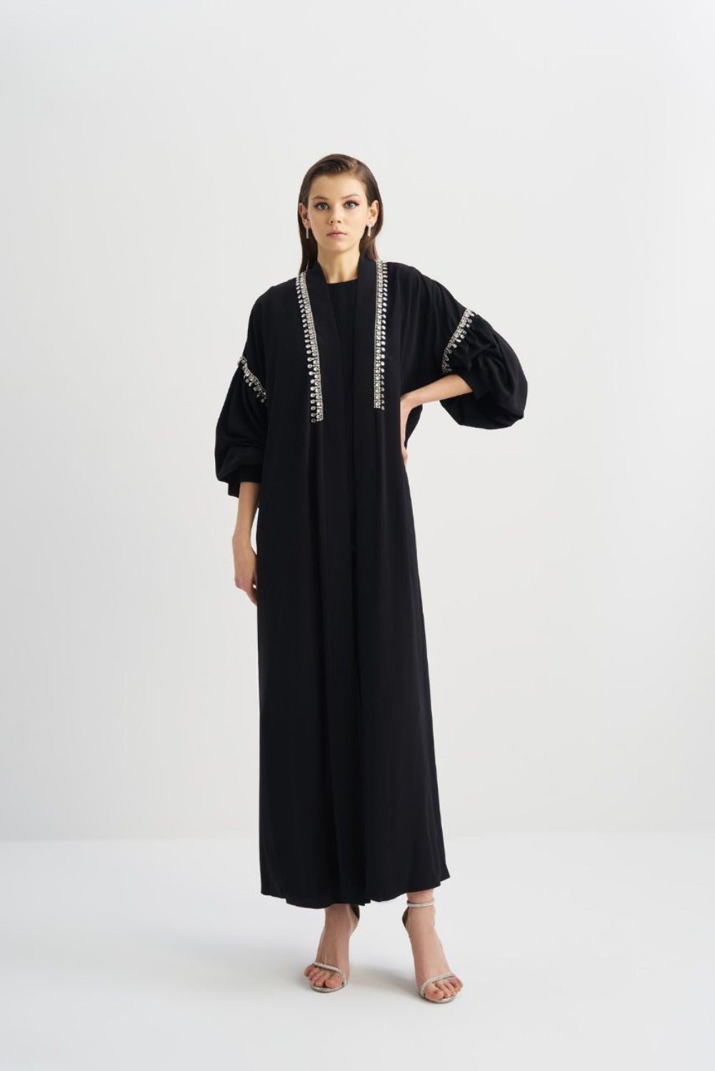 Belted Rhinestone Open Abaya | Dana Fashion
