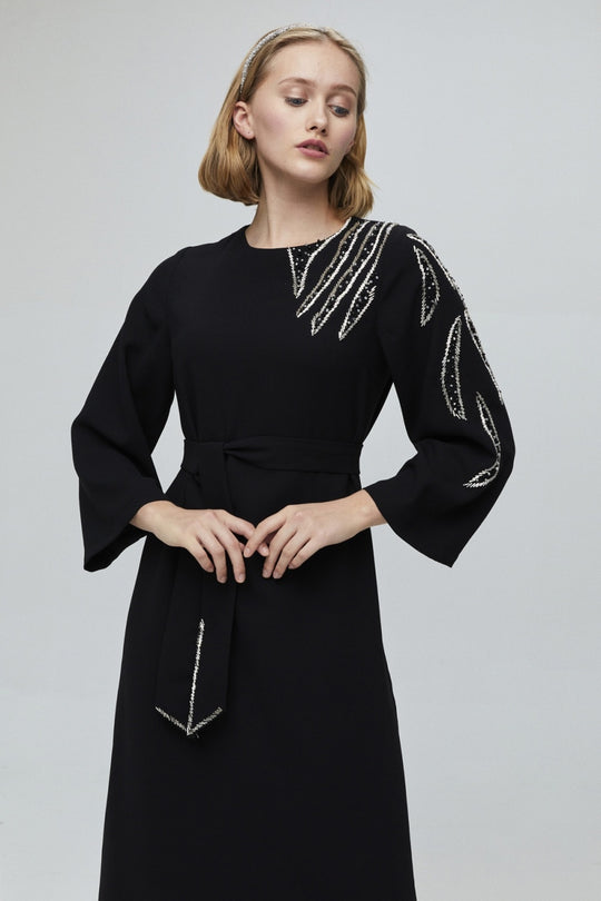 Contemporary Geometric Embroidered Modest Dress | Black