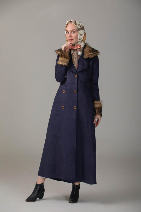 ’Naayla’ Faux Fur Coat | Dark Blue Coat Dana Fashion 38 