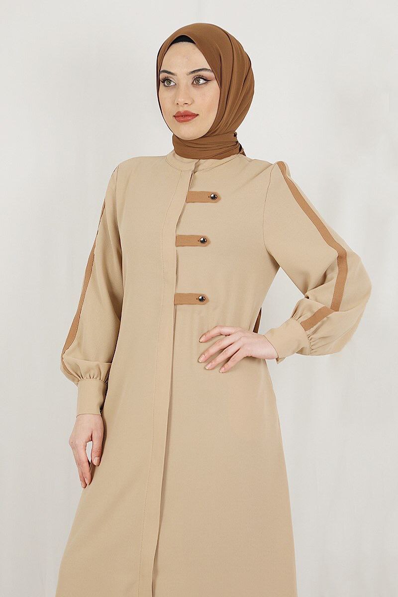 Yasmeen Beige and Brown Button Embellished Abaya | Beige