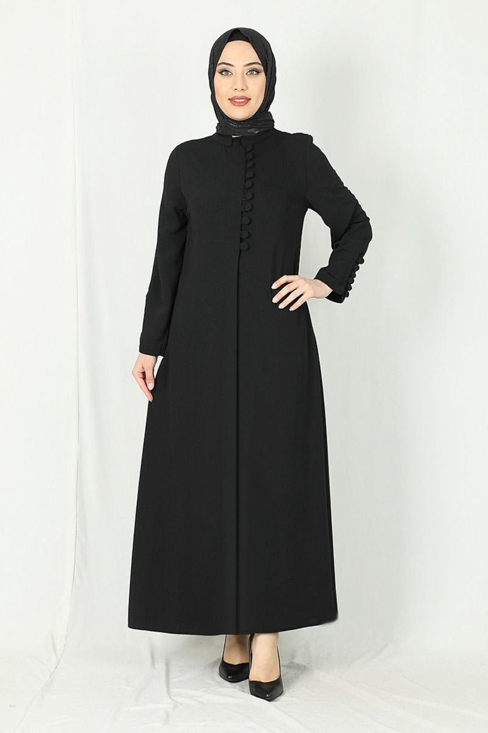 Sofia Black Button Embellished Abaya | Black
