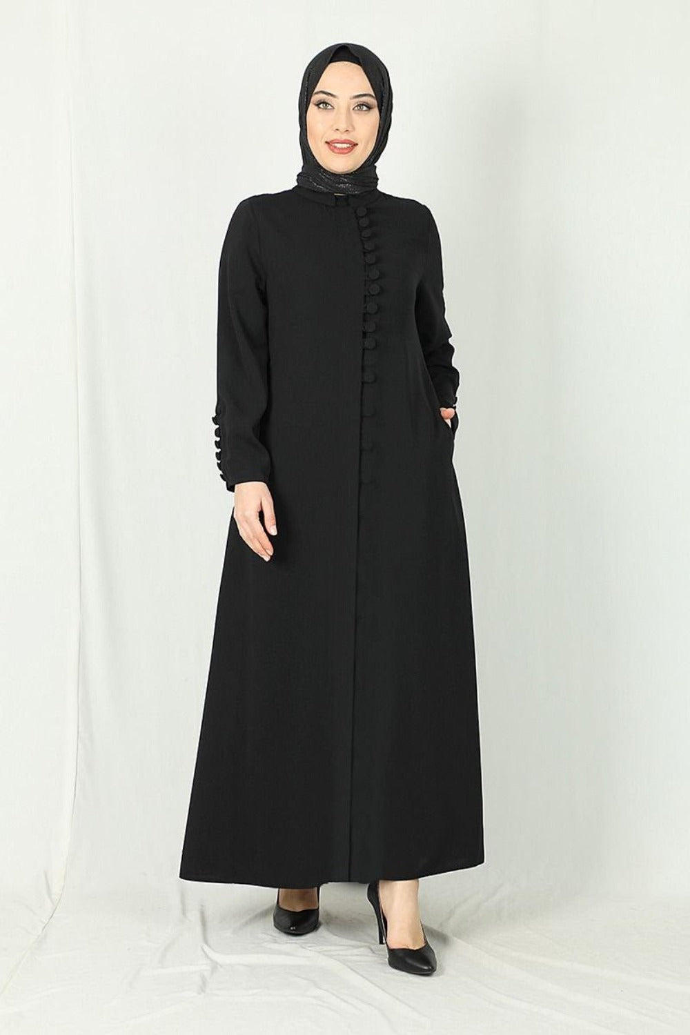 Sofia Black Button Embellished Abaya | Black